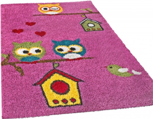  Kinderzimmer Shaggy Teppich Motiv Bunte Eulen Kinder Teppich Hochflor in Pink