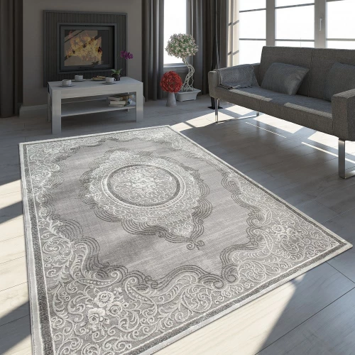 Orient Teppich Modern 3D Effekt Meliert Schimmernd Ornamente Bordüre Grau Weiß