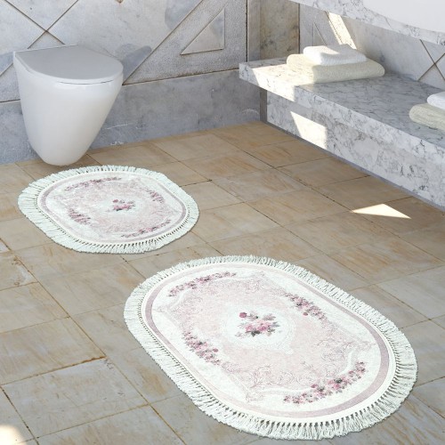 Badezimmer Teppich Set Blumenmuster Waschbar Gemütlich Badvorleger Altrosa Creme