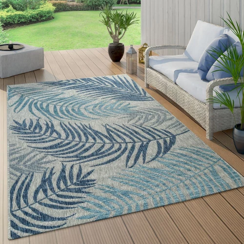 In- & Outdoor Teppich Flachgewebe Modern Jungle Palmen Design In Pastell Blau 