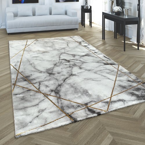 Teppich Wohnzimmer Grau Gold Weich Marmor Muster 3-D Linien Hochwertig Kurzflor