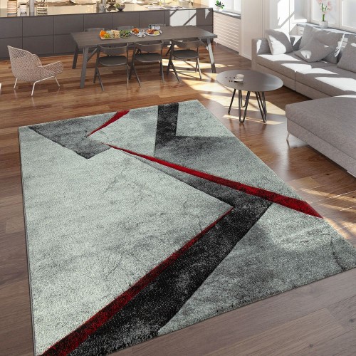 Designer Teppich Moderner Kurzflor Marmor Optik Geomterische Muster Grau Rot