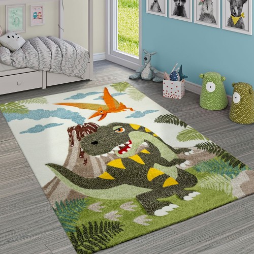 Kinderzimmer Teppich Grün Dinosaurier Dschungel Vulkan 3-D Effekt Kurzflor 