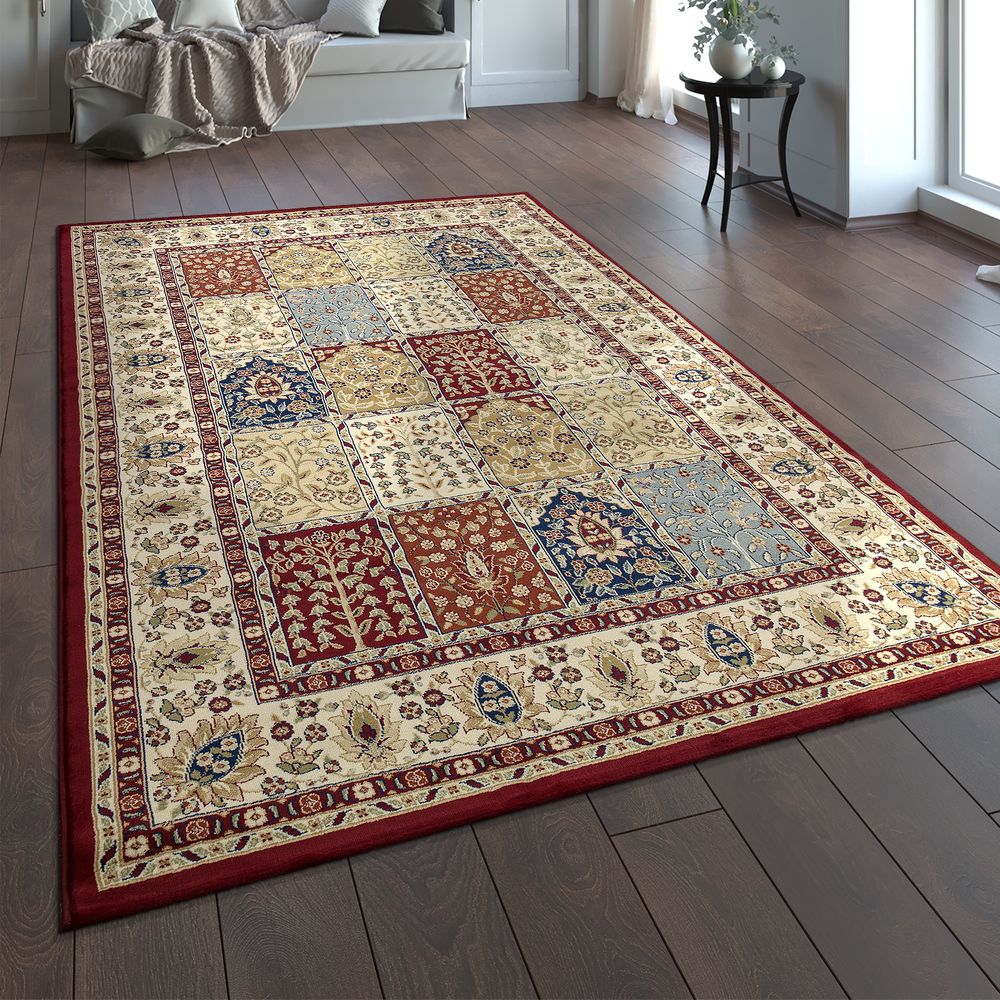 Kurzflor Wohnzimmerteppich Orient Teppich Muster Klassisch mit Bordüre Rot 