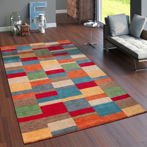 Teppich Handgewebt Gabbeh Hochwertig 100% Wolle Meliert Kariert Multicolor