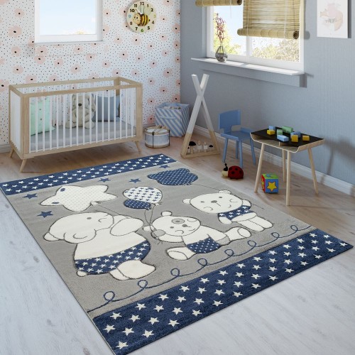 Kinderzimmer Kinderteppich Niedliche Bärenfamilie Und Sterne In Blau Grau Weiß