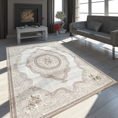 Orient Teppich Modern 3D Effekt Meliert Schimmernd Ornamente Bordüre Grau Beige