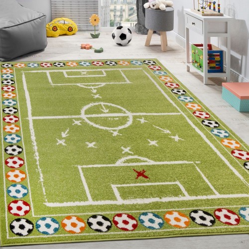 Kinderteppich Bunte Fußbälle Design Kurzflor Fußballfeld Spielteppich Weiß Grün