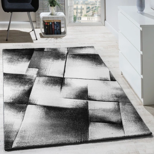 Designer Teppich Modern Wohnzimmer Teppiche Kurzflor Meliert Grau Creme Schwarz