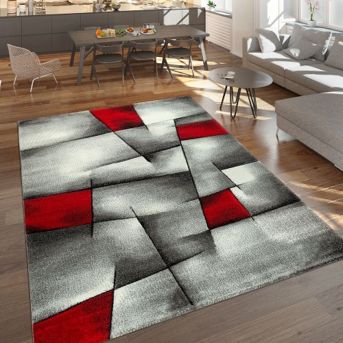 Designer Teppich Mit Konturenschnitt Moderne Abstrakte Muster Grau Rot Meliert