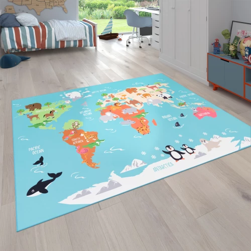 Spielteppich Kinderzimmer Weltkarte Tier Kontinent
