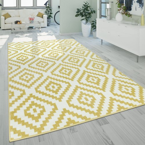 Kurzflor Wohnzimmer Teppich Modern Geometrisches Ethno Muster Gelb Weiß