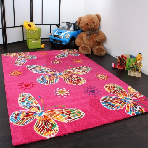 Moderner Kinder Teppich Butterfly Schmetterling Design in Pink Top Qualität