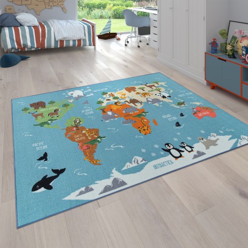 Spielteppich Kinderzimmer Weltkarte Tier Kontinent