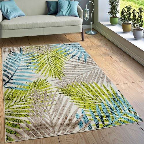 Designer Teppich Wohnzimmer Urban Jungle Palmen Design Braun Beige Grün Blau 