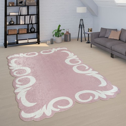 Teppich Wohnzimmer Rosa Pink Weiß Weich Pastellfarben Florale Bordüre Kurzflor