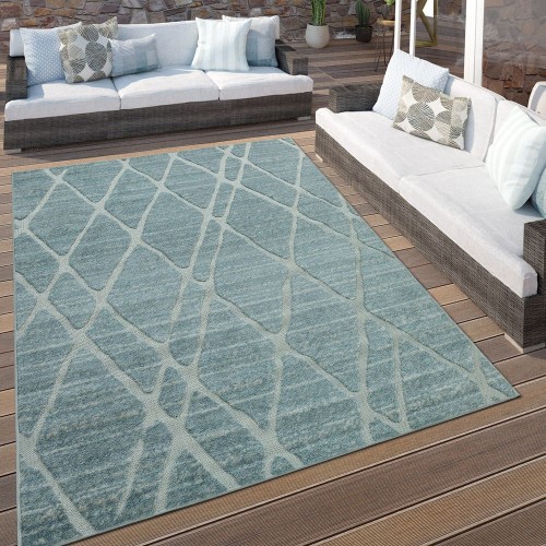 In- & Outdoor Terrassen Teppich Modernes Rauten Design Türkis Blau Weiß