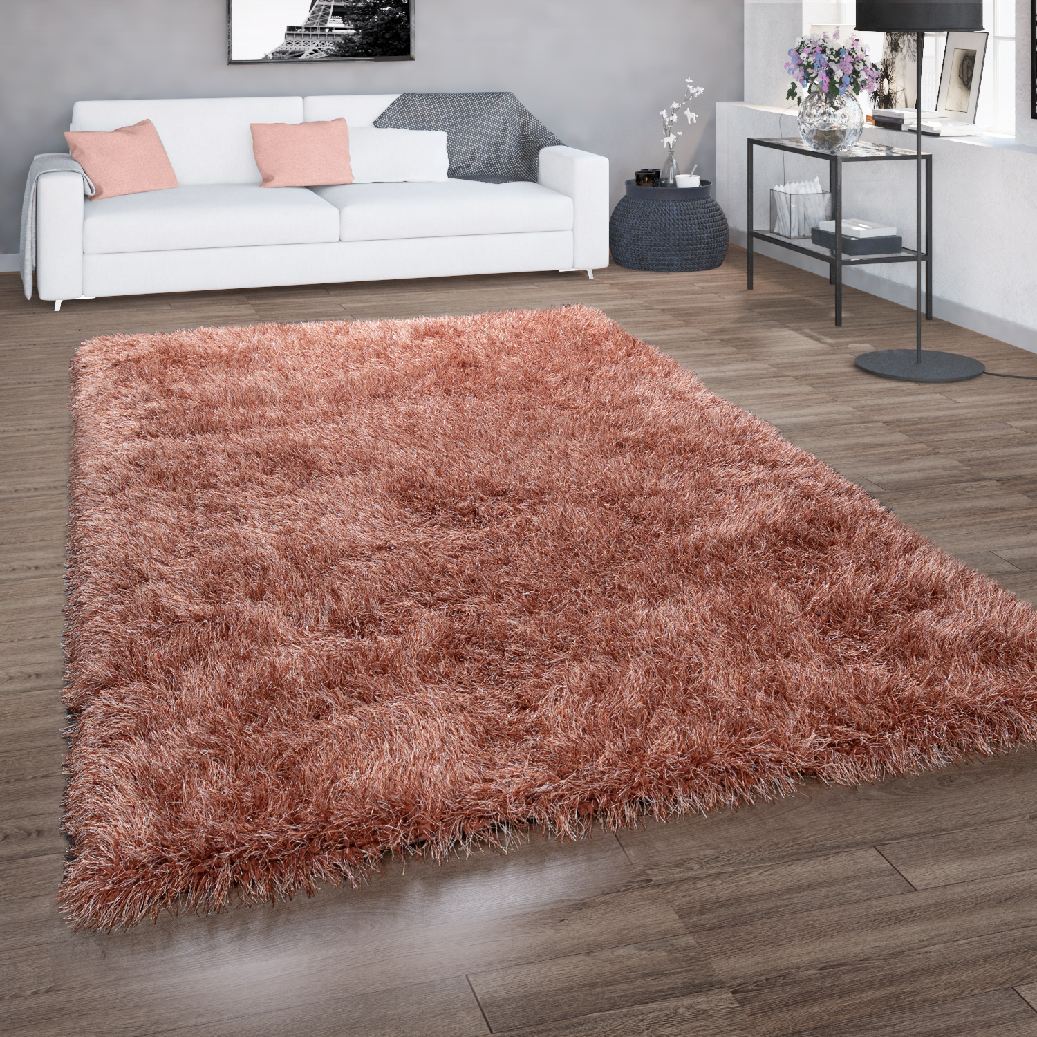 Moderner Wohnzimmer Shaggy Hochflor Teppich Soft Garn In Uni Beige Lila Brau *DE