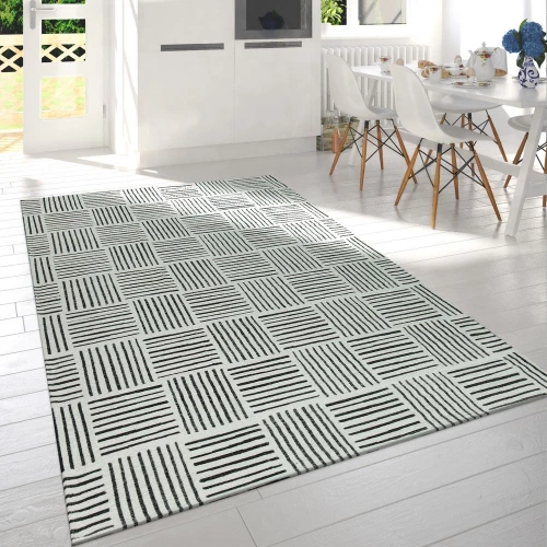 Wohnzimmer Teppich Schwarz Weiß Karo Design Streifen Muster Meliert Kurzflor