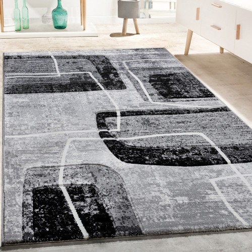 Designer Teppich Konturenschnitt Retro Muster In Grau Schwarz Weiß Meliert 