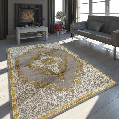 Orient Teppich Modern 3D Effekt Ornamente Meliert Grau Gold Creme Schimmernd