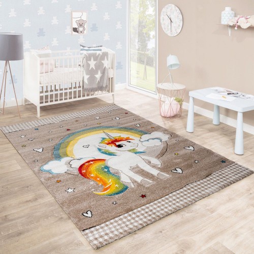 Kinderteppich Kinderzimmer Herzen Regenbogen Einhorn Konturenschnitt Beige Weiß