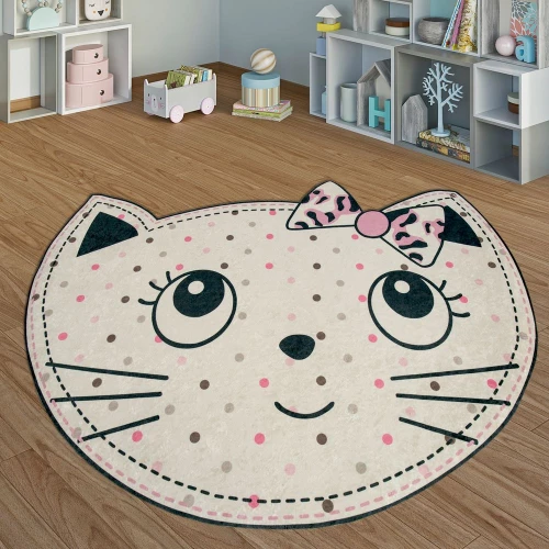 Kinderteppich Spielzimmer Verspielte Katze Mädchen Interieur In Weiß Rosa