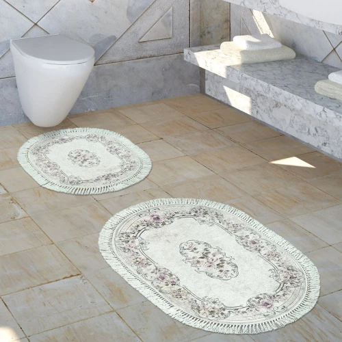 Badezimmer Teppich Set Ornamente Waschbar Gemütlich Badvorleger In Altrosa Creme