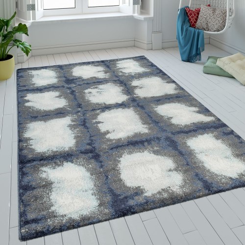 Teppich Wohnzimmer Kurzflor Karo Design Batik In Blau Grau Weiß Retro Modern 