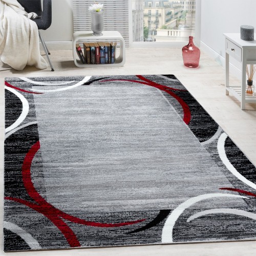 Wohnzimmer Teppich Bordüre Kurzflor Meliert Modern Hochwertig Grau Schwarz Rot