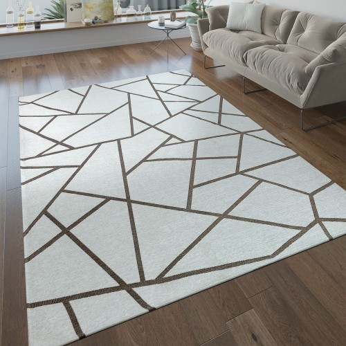Kurzflor Wohnzimmer Teppich Geometrische Muster Modern Beige Creme