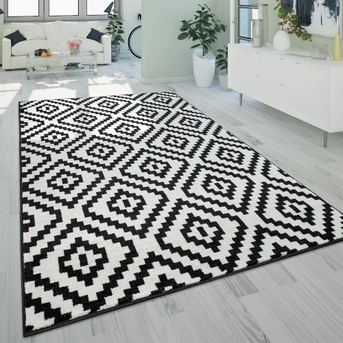 Kurzflor Teppich Schwarz Weiß Wohnzimmer Ethno-Look 3-D Design Rauten Muster 