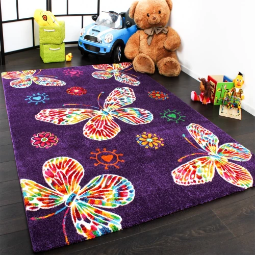 Moderner Kinder Teppich Butterfly Schmetterling Design in Lila Top Qualität